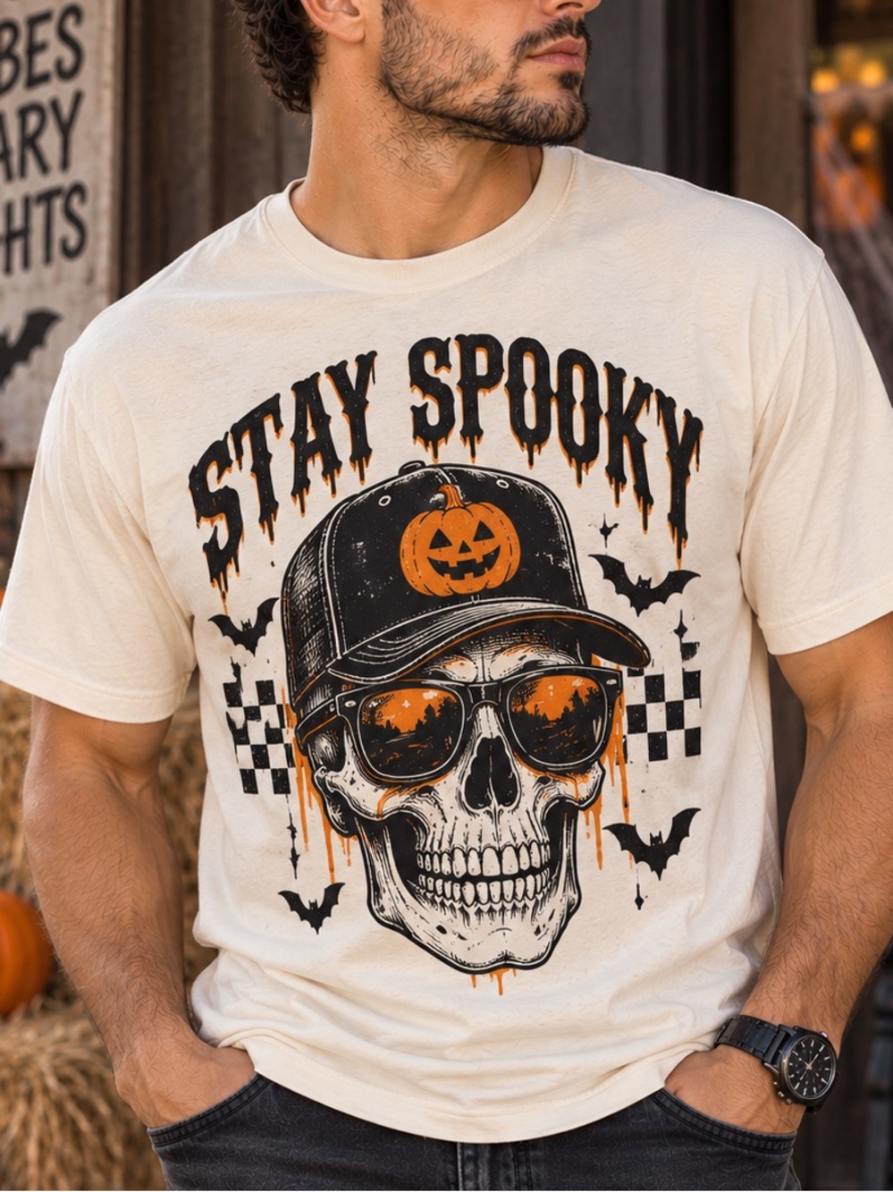Stay Spooky Graphic 100% Cotton T- Shirt Halloween Skull